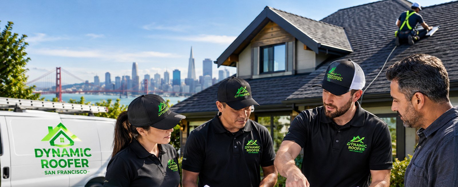 Nicholas Perry and the Dynamic Roofer San Francisco crew reviewing roof plans in front of a Hayes Valley home with the San Francisco skyline and Golden Gate Bridge in the background, branded service van and a roofer working on the roof deck